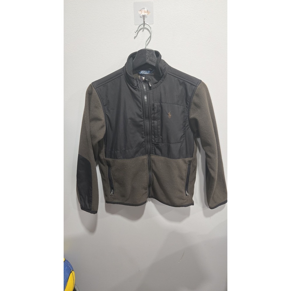 Polo Ralph Lauren Boys Fleece Jacket M 10-12 Olive Green Black Hybrid Full Zip